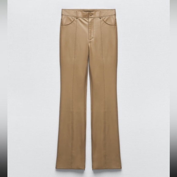 NEW ZARA Light Brown Faux Leather High Rise Slim Fit Flare Leg Pants w/ Slit - Picture 12 of 16